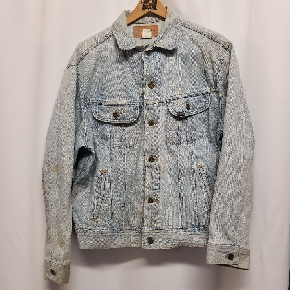 Vintage 90s y2k Grunge Distressed Riders Denim Jean Trucker Jacket Men's Large